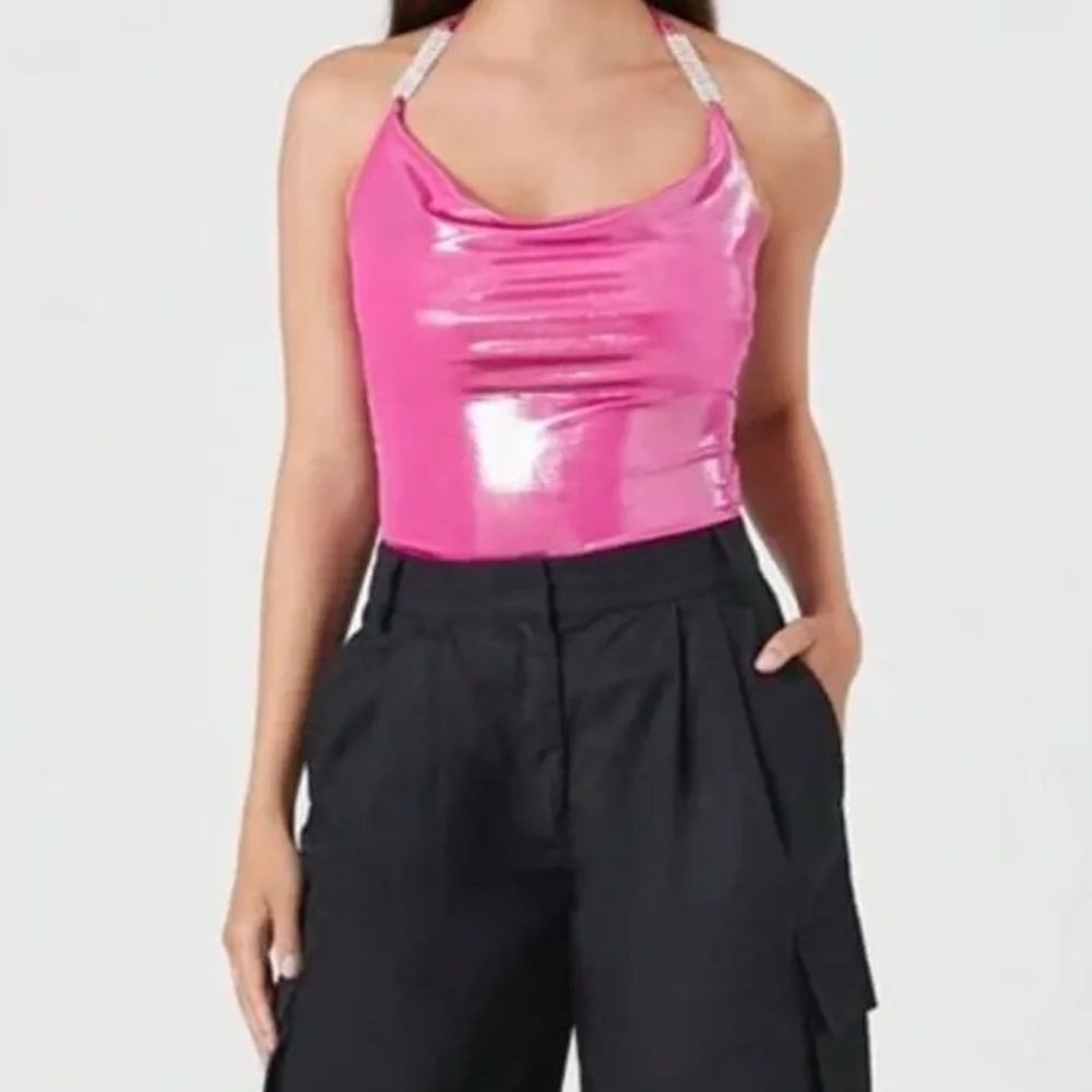 NWTS Forever 21 Fuchsia Metallic Cowl Neck Rhinestone Bodysuit Size XS - Picture 2 of 9
